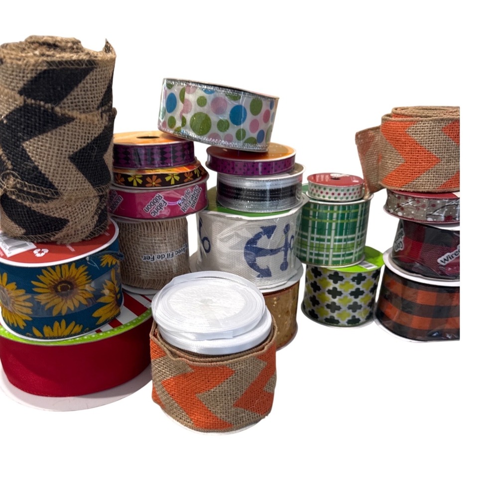 Various styles of wired ,natural jute burlap, plaid metallic‎ & more ribbon Lot
